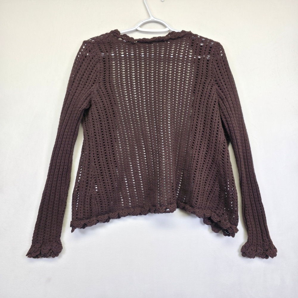 Crochet‎ Knit Cardigan Womens L Brown Open Ruffle Ribbed Layering Lounge Sweater - Picture 4 of 15